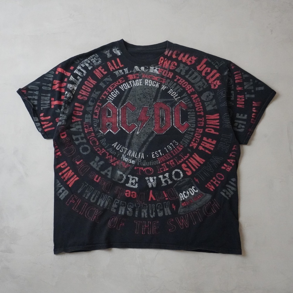 AC/DC Mens Graphic T-Shirt Black All Over Print Song Titles Rock Band XL